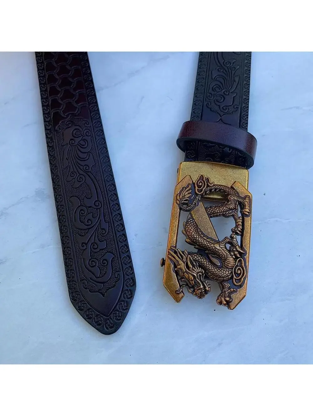 Chinese Dragon belt buckle dark brown belt. 47 inches length